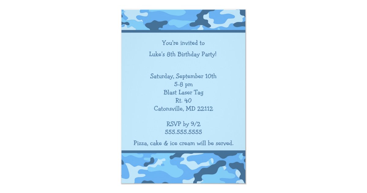 Camo Blue Birthday party invitation Zazzle