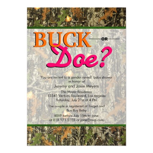Camo Gender Reveal Invitations - Buck or Doe (front side)