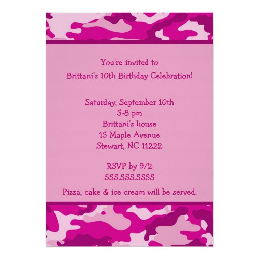 Camo Hot Pink Birthday party invitation