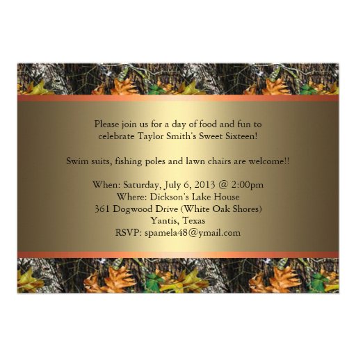 Camo & Orange Sweet Sixteen Invitation