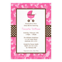 Camo Pink Brown Carriage Dots Baby Shower Invitation