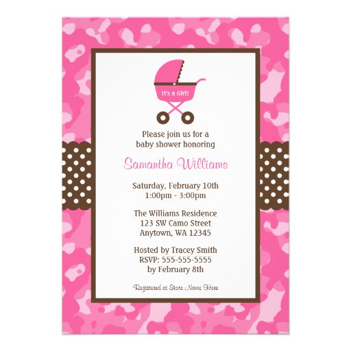 Camo Pink Brown Carriage Dots Baby Shower Invitation