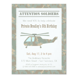 Camo Print Helicopter Army Boys Birthday Party 4.25x5.5 Paper Invitation Card
