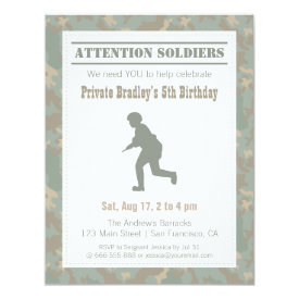 Camo Print Soldier Silhouette Army Birthday Party 4.25x5.5 Paper Invitation Card