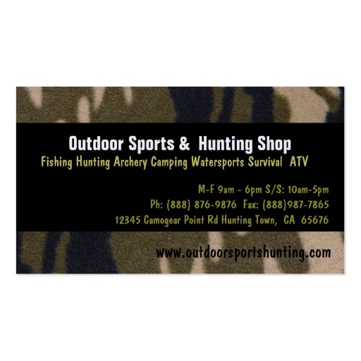 Camo Print Sportsman Hunting Outdoor Supplies Shop Business Card Templates (front side)