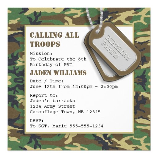 Camouflage / Camo Birthday Party with Dog Tags Personalized Invitations
