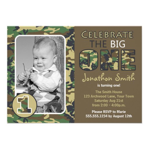 Camouflage / Camo Theme First Birthday Personalized Invitation (front side)