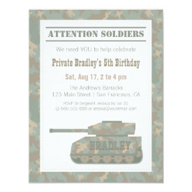 Camouflage Military Print Army Tank Birthday Party 4.25x5.5 Paper Invitation Card