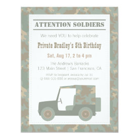 Camouflage Military Print Jeep Army Birthday Party 4.25x5.5 Paper Invitation Card