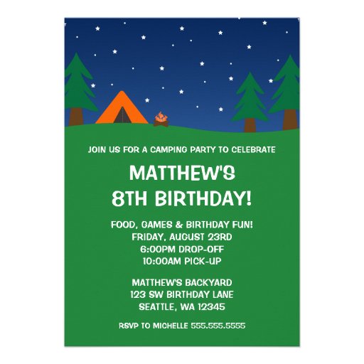 Camping Birthday Party Announcements (front side)