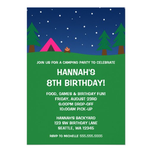Camping Birthday Party Girls Invitations (front side)