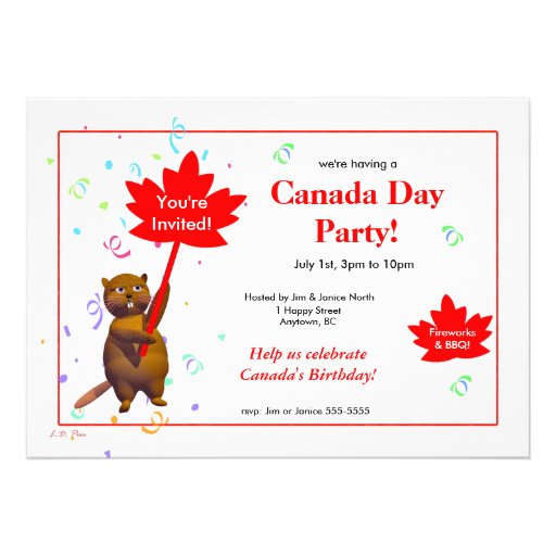 Canada Day Party Beaver Personalized Invite (front side)