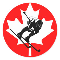 Canada flag downhill skier round stickers
