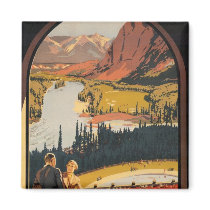 Canadian Rockies Travel Poster Square Magnet by retroz Canadian Rockies Travel Poster Square Magnet