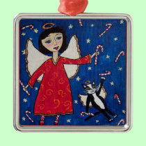 Candy Cane Angel Cat Christmas Folk Art ornaments