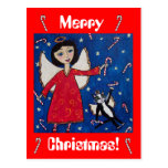 Candy Cane Christmas Angel and Cat Postcard