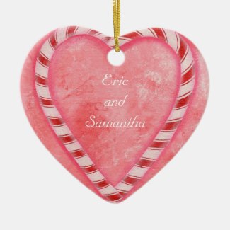 Candy Cane Heart Wedding Ornament, Personalized Double-Sided Heart Ceramic Christmas Ornament