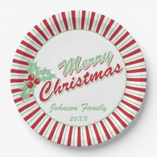 Candy Cane Holly | Custom Christmas Paper Plates 9 Inch Paper Plate