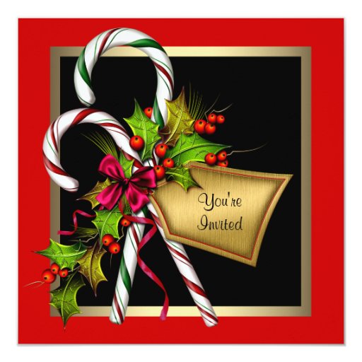 Candy Cane Holly Red Christmas Party Personalized Invitation (front side)