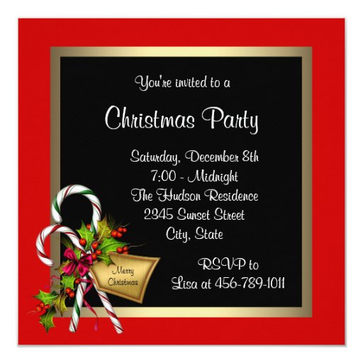 Candy Cane Holly Red Christmas Party Personalized Invitation