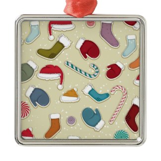 Candy Canes and Mittens Square Metal Christmas Ornament