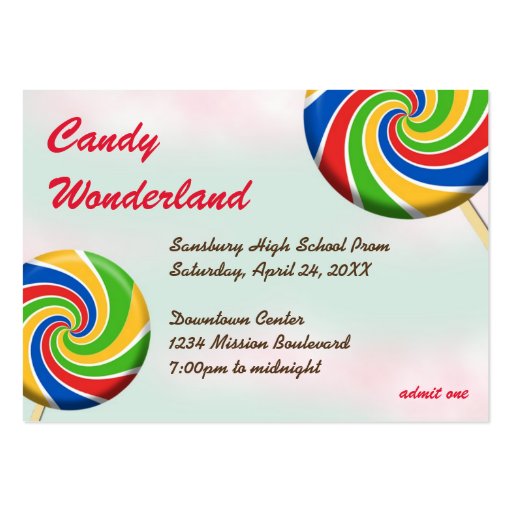 Candy wonderland custom logo prom admission ticket business card templates (front side)