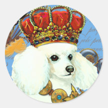 Caniche blanco real con el retrato de la corona etiquetas redondas
