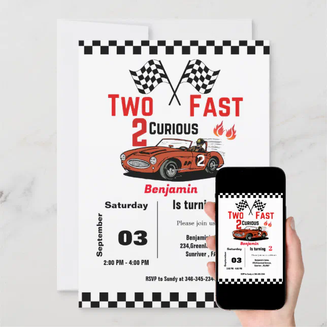 Car Race Growing Up Two Fast Boy 2nd Birthday Invitation Zazzle