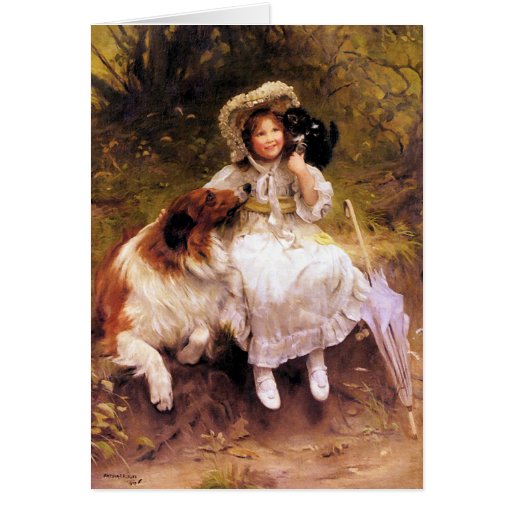 Card or Invitation:  Pet Collie Dog, Girl and Cat