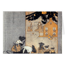 card - victorian mice and dollhouse under the tree