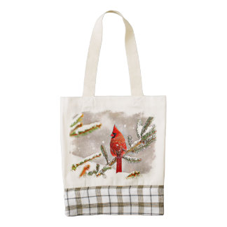 Cardenal en un árbol de pino en invierno bolsa tote zazzle HEART