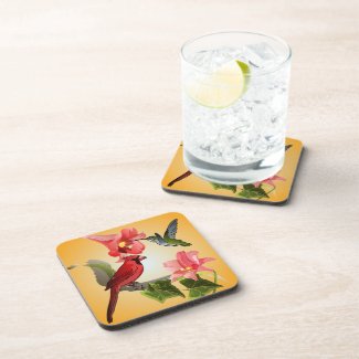 Cardinal and Hummingbird with Pink Lilies and Ivy Beverage Coaster