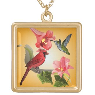 Cardinal and Hummingbird with Pink Lilies and Ivy Necklaces