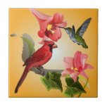 Cardinal and Hummingbird with Pink Lilies and Ivy tiles