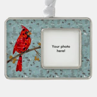 Cardinal Bird on a branch collage Silver Plated Framed Ornament