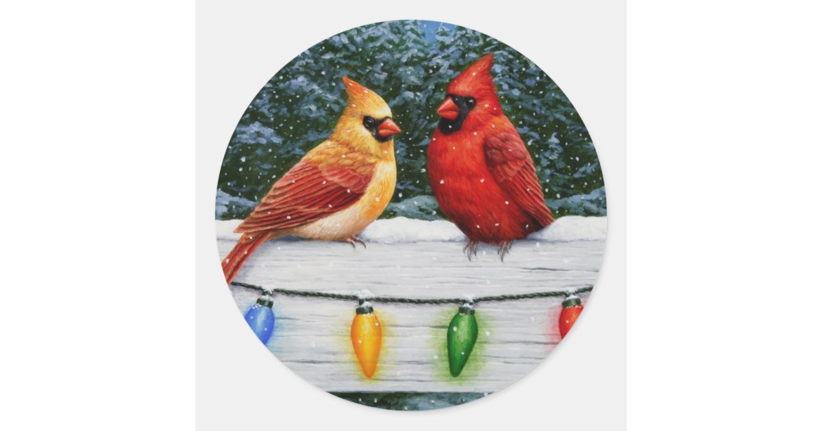 cardinal birds and christmas lights classic round sticker cardinal birds and christmas lights classic round sticker