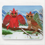 Cardinal Cats Winter Birds Fantasy Cat Art Mousepa mousepads