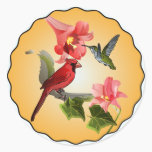 Cardinal & Hummingbird with Pink Lilies Round stickers