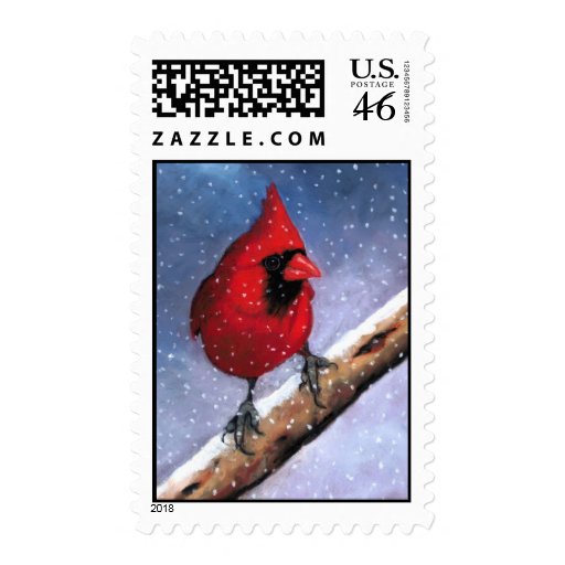 CARDINAL IN SNOW: ART: CHRISTMAS STAMP