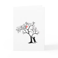 Cardinal Red Bird in Snowy Winter Tree & Cat card