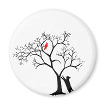 Cardinal Red Bird in Snowy Winter Tree & Cat magnets