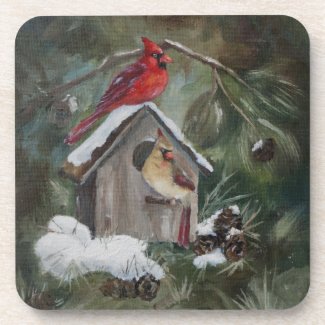 Cardinals On Snowy Birdhouse Drink Coaster