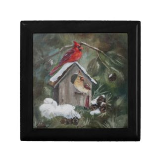 Cardinals On Snowy Birdhouse Jewelry Boxes