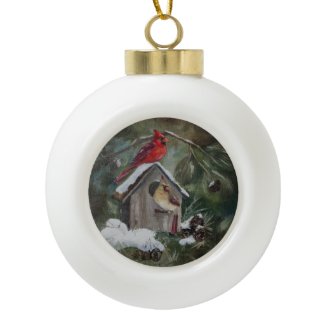 Cardinals on Snowy Birdhouse Ornaments