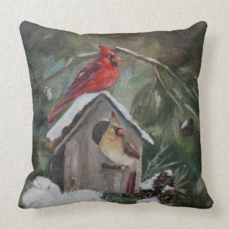 Cardinals on Snowy Birdhouse Pillows