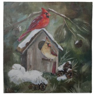 Cardinals On Snowy Birdhouse Printed Napkin