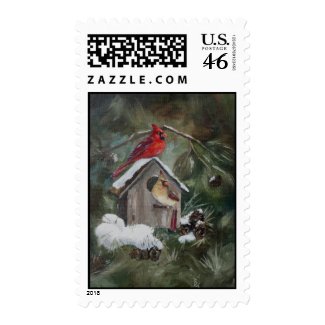 Cardinals on Snowy Birdhouse Stamps
