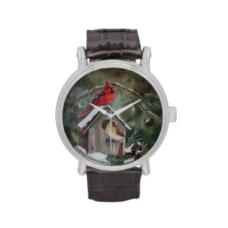 Cardinals on Snowy Birdhouse Wrist Watches