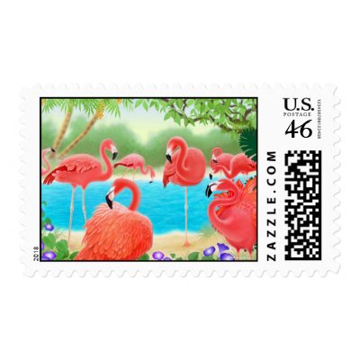 Caribbean Pink Flamingos Postage by twopurringcats