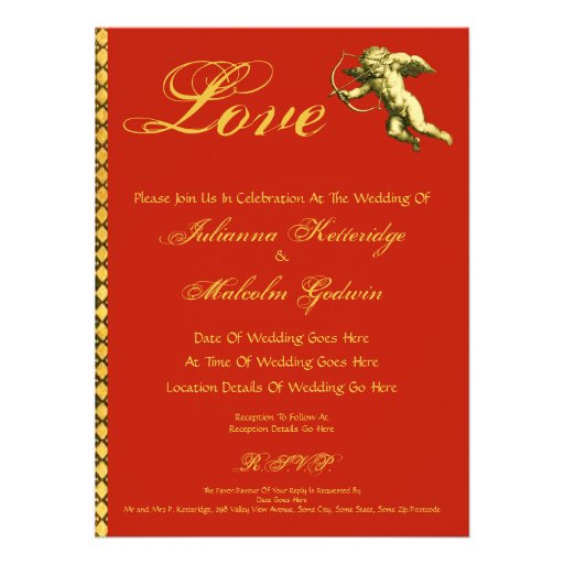 Carmine and Gold Cupid Personalized Invitation